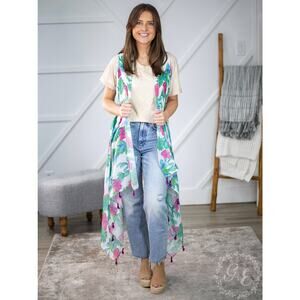 Boho Western Floral Cactus Kimono Tasseled Vest